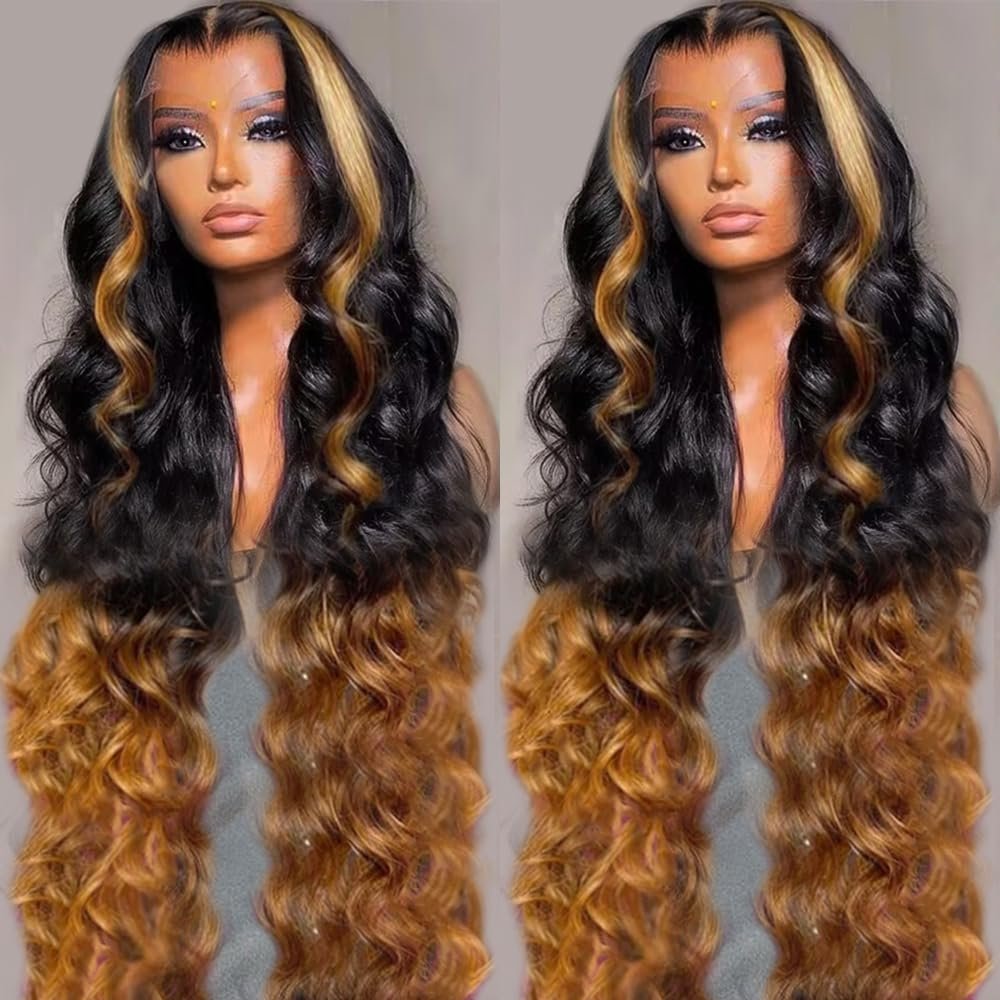 13x6 Lace Front Wigs Human Hair Pre Plucked Body Wave 13x6 1B/30 Ombre Transparent Lace Frontal Wigs With Baby Hairs Glueless Wigs Brown Highlight Balayage Wigs Human Hair Wigs For Women 24 Inch