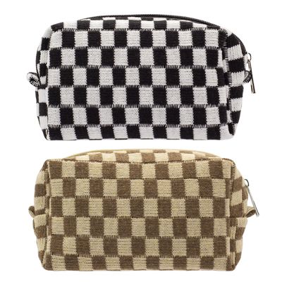 PAZIMIIK Checkered Makeup Bag for Purse Portable Zipper Make Up Pouch Small Cosmetic Case for Travel Accessories (2PCS Black Coffee)