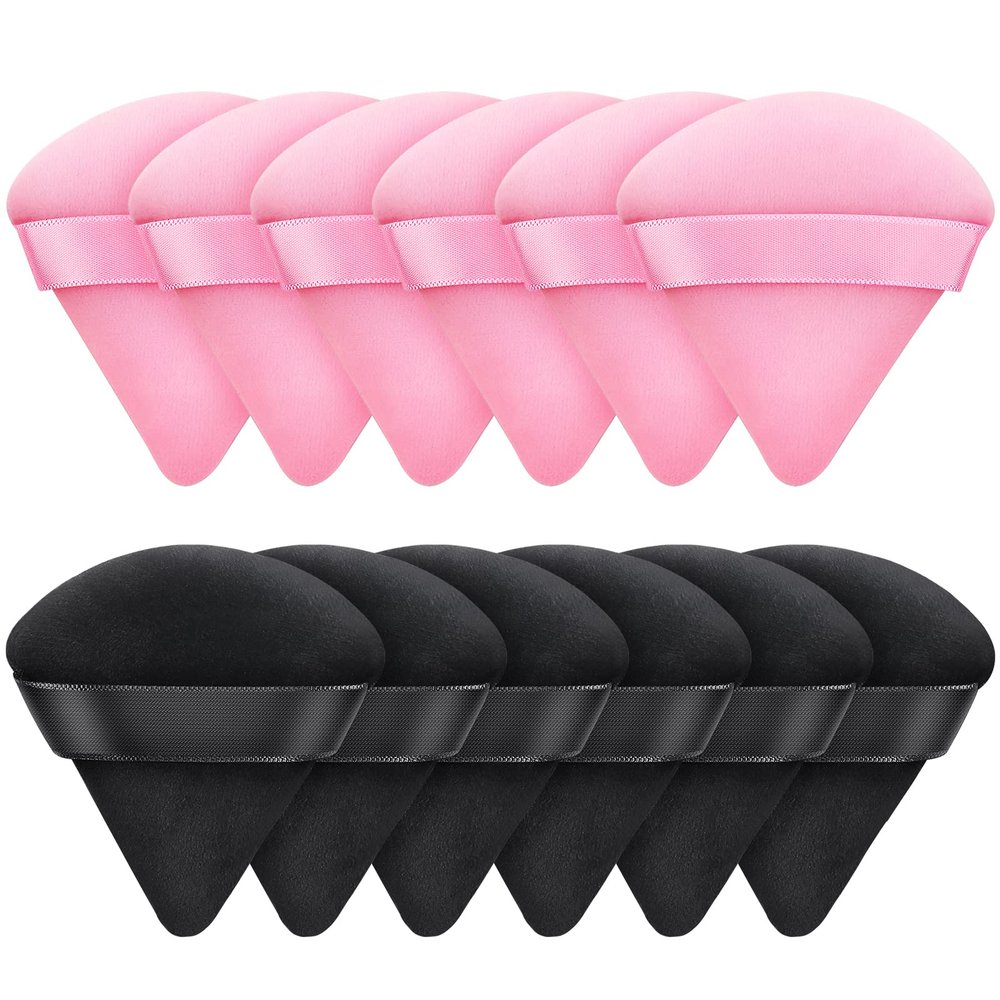 12 PCS Powder Puff Triangle Makeup Puffs for Loose Setting Powder Face Body, Foundation Blender Velour Setting Powder Puff, Super Soft Eye Makeup Wedges Beauty Tools (6 Black 6 Red)