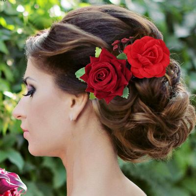 Fangsen Wedding Red Rose Flower Hair Comb Masquerade Headdress Hair Accessories for Modelling and Photography