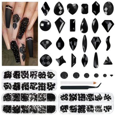 qiipii 3 Boxes Jet Black Nail Rhinestones 240 Multi-Shapes Stones for Nails Big Gems K9 Glass Flatback Round Beads Diamonds Jewels Nail Art Charms for Face Eyes Makeup Crafts Tumblers Bottles Clothes