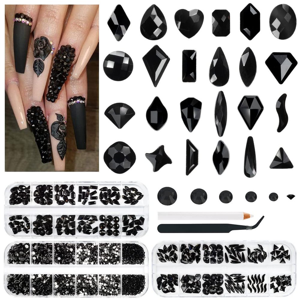 qiipii 3 Boxes Jet Black Nail Rhinestones 240 Multi-Shapes Stones for Nails Big Gems K9 Glass Flatback Round Beads Diamonds Jewels Nail Art Charms for Face Eyes Makeup Crafts Tumblers Bottles Clothes