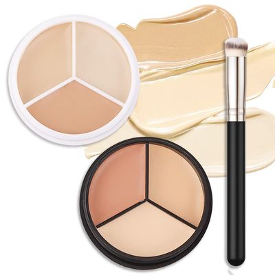 2 pcs Tri-color Face Concealer Contour Palette With Brush for Light Medium Skin. Correct Cream Foundation Palet for Under Eye Dark Circles Eyelid Tattoo. Ivory Cream Makeup Plate corrector de ojeras