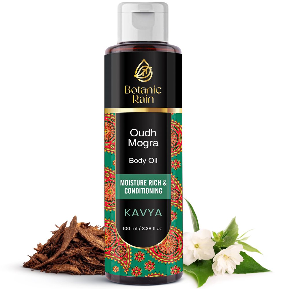 Botanic Rain Ayurveda Body Oil with Oudh & Mogra  Organic, Nourishing & Hydrating for Dry, Flaky Skin  Fast Absorbing, Non-Greasy, Ayurvedic for Men & Women  3.38 fl oz (Pack of 1)