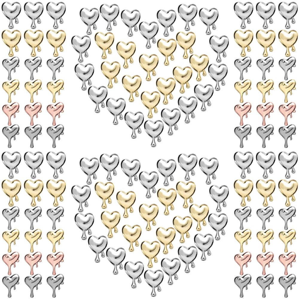 PAGOW 120Pcs 3D Heart Nail Charm Punk Chrome Droplets Lava Metal Molten Irregular Shape Alloy Jewelry Love DIY Nail Accessories Supplies Valentine's Day Decoration Gold Silver