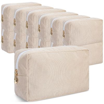 Amylove 12 Pcs Christmas Corduroy Makeup Bag Large Capacity Preppy Cosmetic Bag Bulk DIY Daily Use Plain Portable Makeup Pouch Travel Purse Organizer Storage for Women Xmas Gift (Beige Pink)