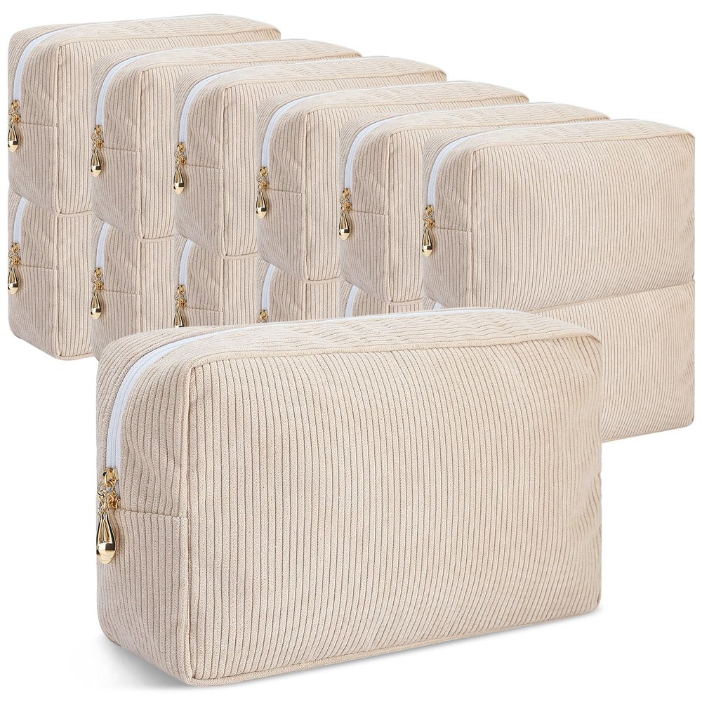 Amylove 12 Pcs Christmas Corduroy Makeup Bag Large Capacity Preppy Cosmetic Bag Bulk DIY Daily Use Plain Portable Makeup Pouch Travel Purse Organizer Storage for Women Xmas Gift (Beige Pink)
