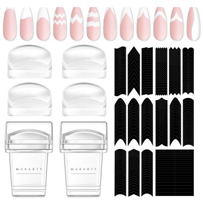Makartt 12 PCS French Nail Art Stamper Kit,2 PCS Jelly Nail Stamper 4 PCS Silicone Replaceable Stamper Head and 6 Sheets French Manicure Edge Auxiliary Nail Guide Stickers For Gel Polish Design