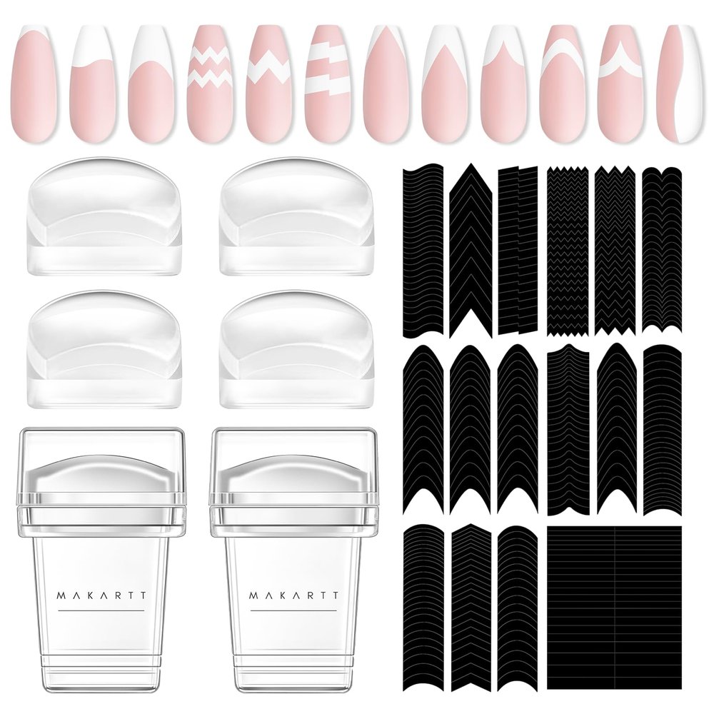 Makartt 12 PCS French Nail Art Stamper Kit,2 PCS Jelly Nail Stamper 4 PCS Silicone Replaceable Stamper Head and 6 Sheets French Manicure Edge Auxiliary Nail Guide Stickers For Gel Polish Design