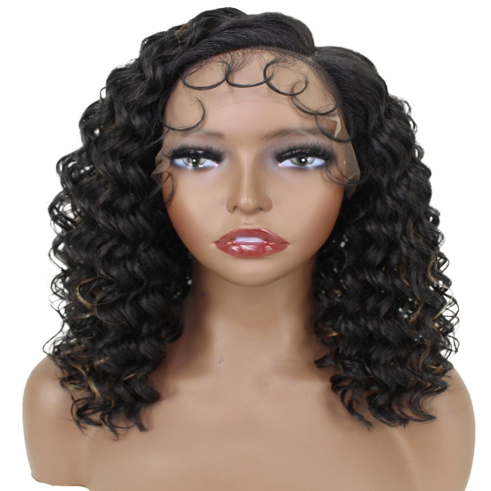 LUXLUXE Nadia 14.5 Side-parted HD Lace Front Medium Length Natural Looking Curls With Fine Baby Hair, Heat Resistant Fibers, (Black with Golden Highlights)