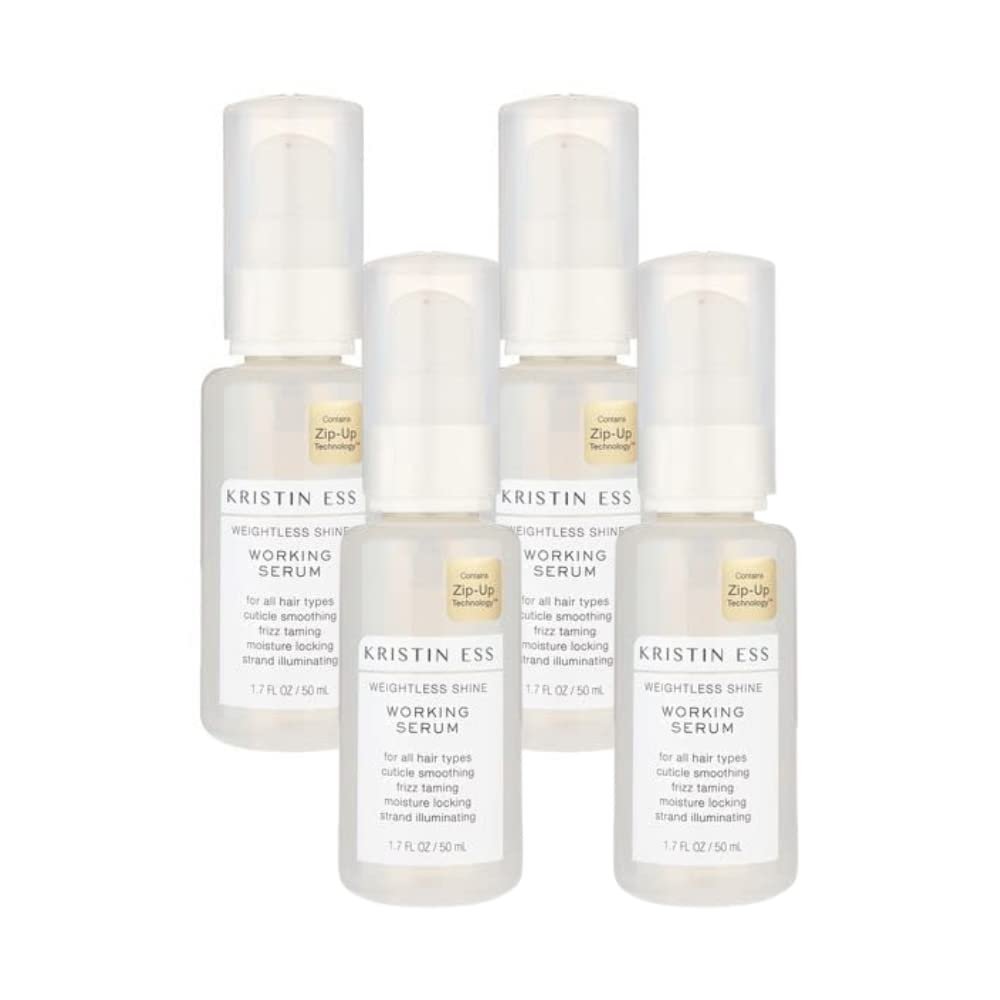 Kristin Ess Hair Weightless Shine Working Hair Serum, Frizz Taming, Cuticle Smoothing, Moisture Locking, Shine Enhancing, Color + Keratin Safe, 1.7 fl oz (Pack of 4)