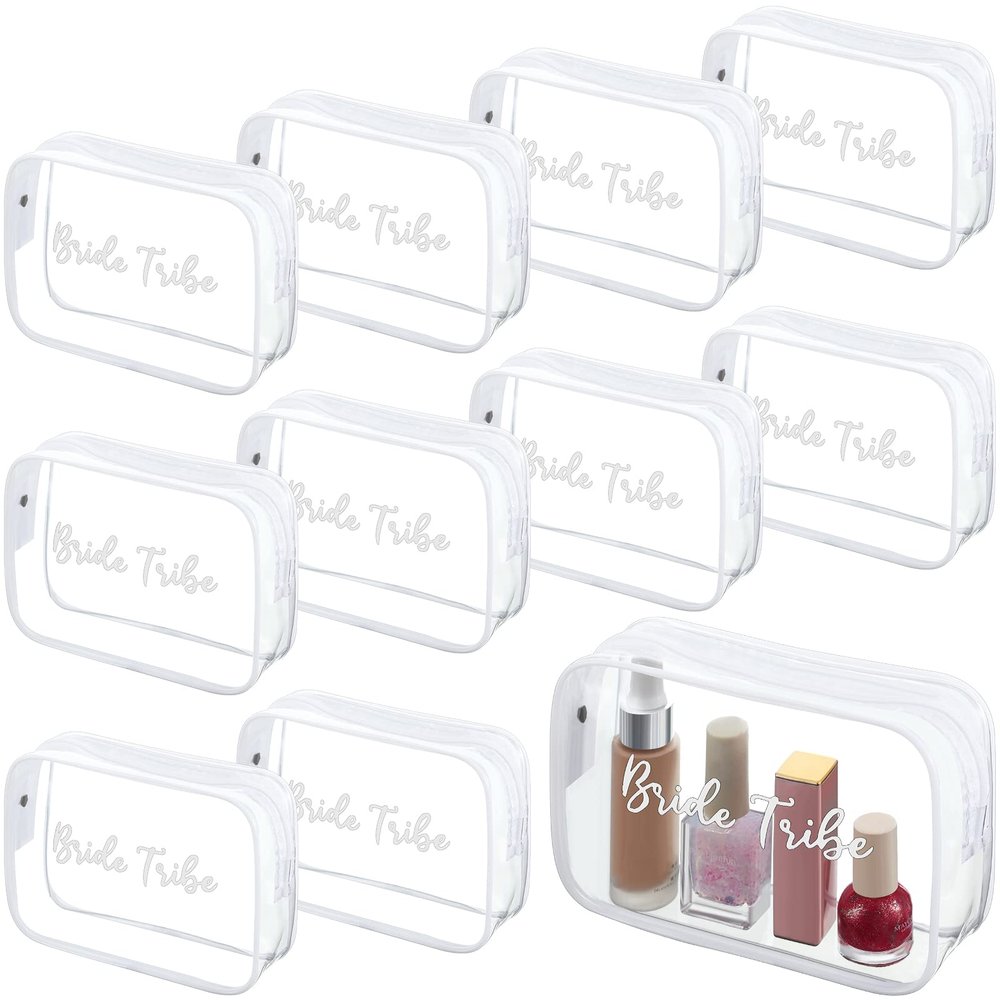Amylove 10 Pcs Bridesmaid Makeup Bag for Bridal Party Gifts Clear Makeup Bags Toiletry Bridesmaid Proposal Gift Cosmetic travel Cosmetic Bag for Wedding Bachelorette Party Favor(White)