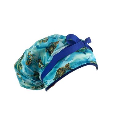 Bouffant Medical Scrub Cap - Hooked On Fish Sea Turtles Deep Aqua/Gold - Sweatband Ponytail Pouch Tie Back Hats Scrub Hats. Scrub Hat for Women & Men tie Back. Nurses Hats Ponytail Holder