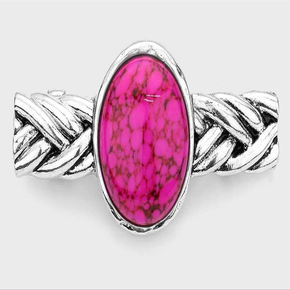 Antique Metal Natural Stone Accented Barrette Women Hair Clip (Fuchsia)