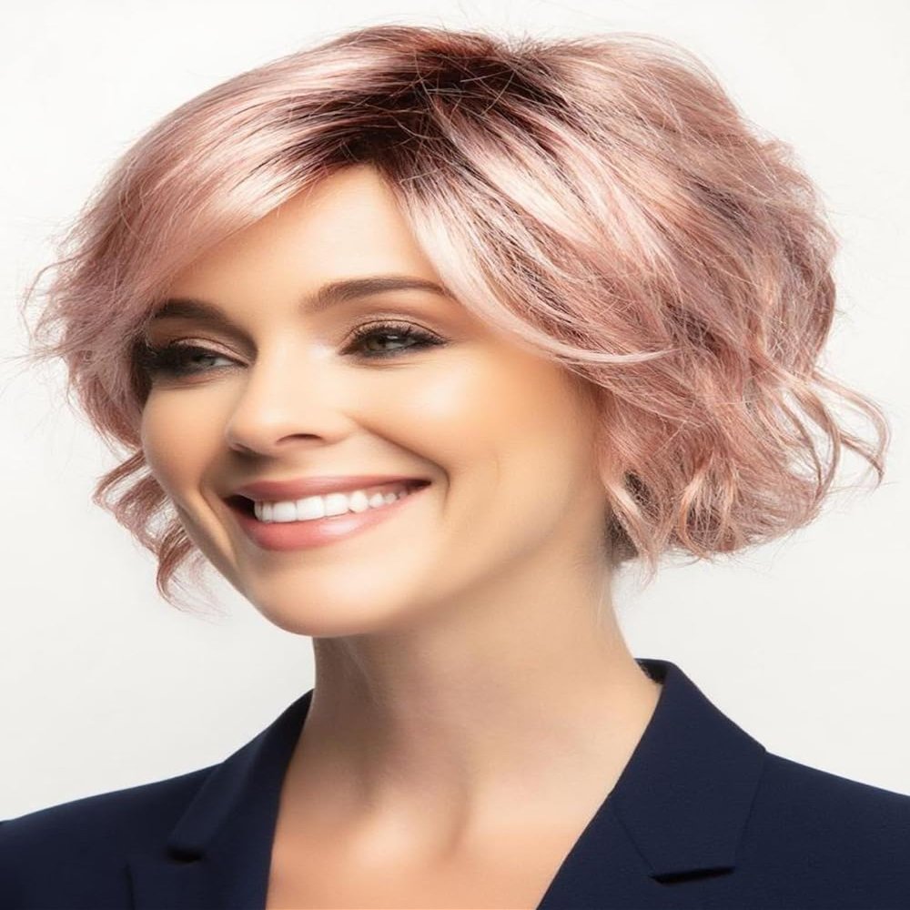 TISHINING Short Ombre Pink Wavy Bob Wigs for White Women Chin Length Pink Curly Bob Wig with Bangs Heat Synthetic Natural Looking Daily Cosplay Wig