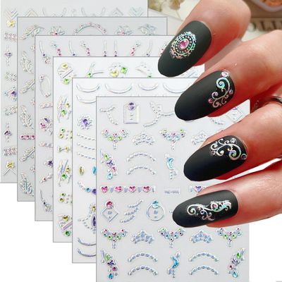 Zoance 20 Sheet 3D Nail Art Stickers, 3D Laser Silver/Rhinestones Design Luxury Self-Adhesive Nail Decals Customized Geometric&Stripe Line Nail Stickers for Women Gils Nail DIY Decoration Accessories
