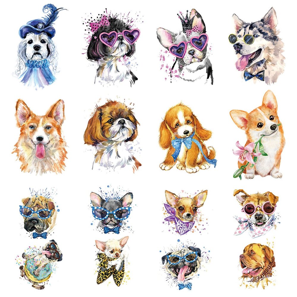 16 Pieces Watercolor Dog Tattoos, 12 Sheets Body Art Fake Temporary Tattoo Stickers on Adults Boys Girls Face Hand Neck Wrist Party Favor