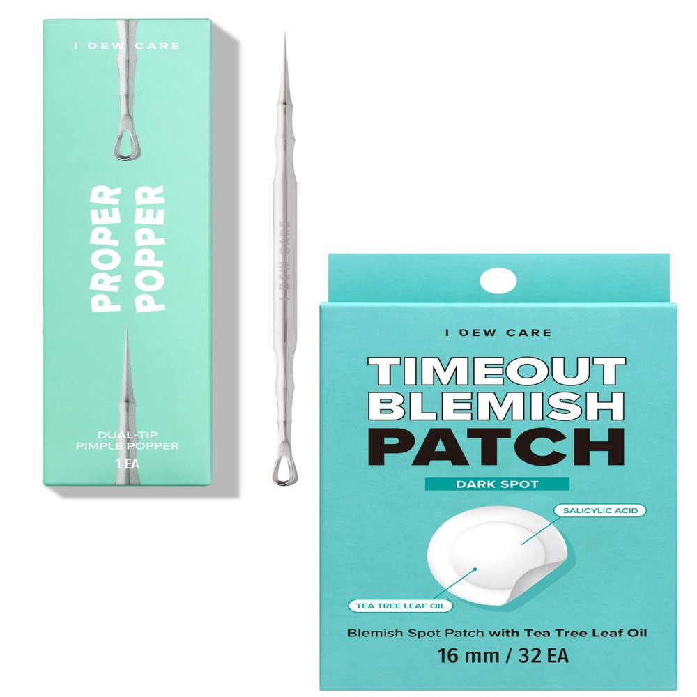 I Dew Care Dual-Tip Pimple Popper - Proper Popper, 1 EA + Hydrocolloid Acne Pimple Patch - Timeout Blemish Dark Spot, 32 Count Bundle