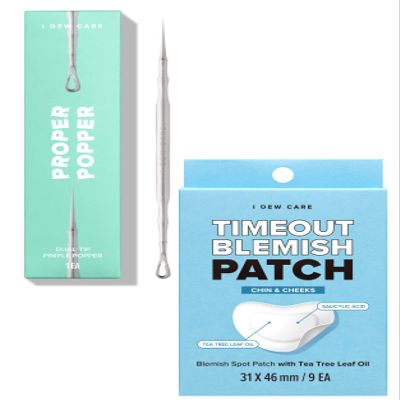 I Dew Care Dual-Tip Pimple Popper - Proper Popper, 1 EA + Hydrocolloid Acne Pimple Patch - Timeout Blemish Chin & Cheeks, 9 Count (31 x 46 mm) Bundle