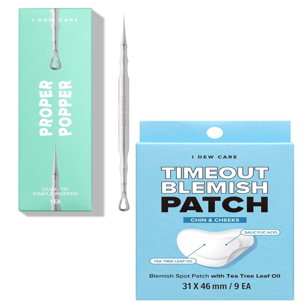 I Dew Care Dual-Tip Pimple Popper - Proper Popper, 1 EA + Hydrocolloid Acne Pimple Patch - Timeout Blemish Chin & Cheeks, 9 Count (31 x 46 mm) Bundle