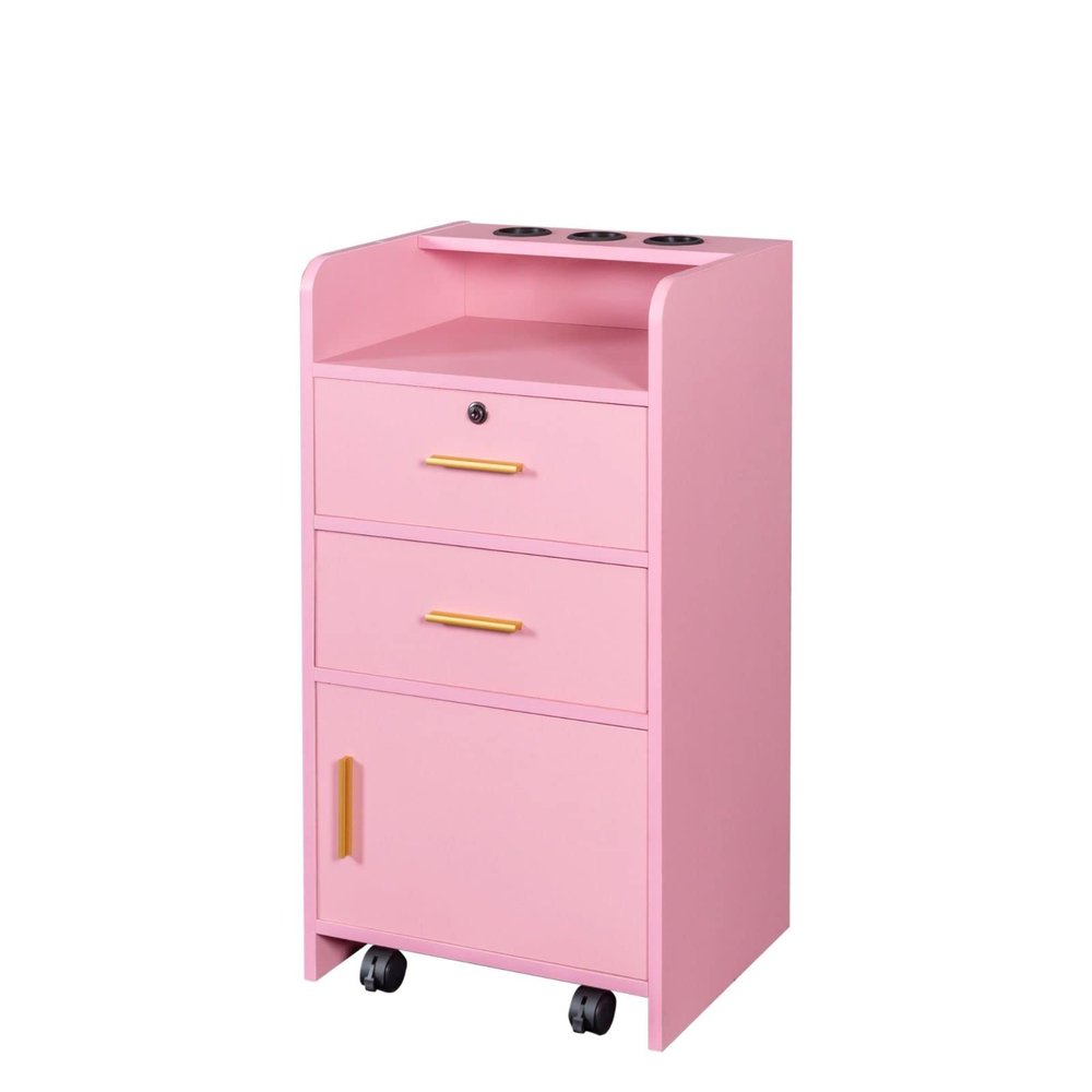 FRITHJILL Salon Station with Wheels and Hair Dryer Holders for Barber Shop, Hair Stylist Equipment, 31.1" Tall Locking Makeup Organizer Cabinet, Pink