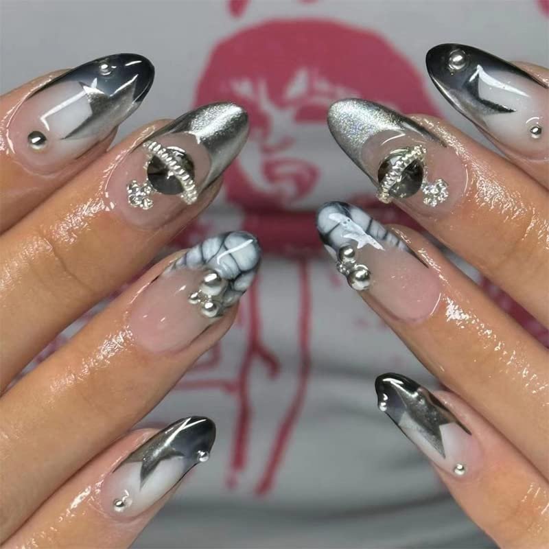 FRUJCDKI Glossy Stilletto Press on Nails Long Almond Fake Nails with Nail Glue Gradient Moon 3D rhinestone False Nails 24Pcs Full Cover Acrylic Nails for Women