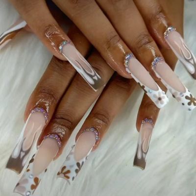 FRUJCDKI Long Fake Black Nails Coffin Nails Pressed Fire Flower Rhinestone Fake Acrylic Nails Tips For Women And Girls 24PCS