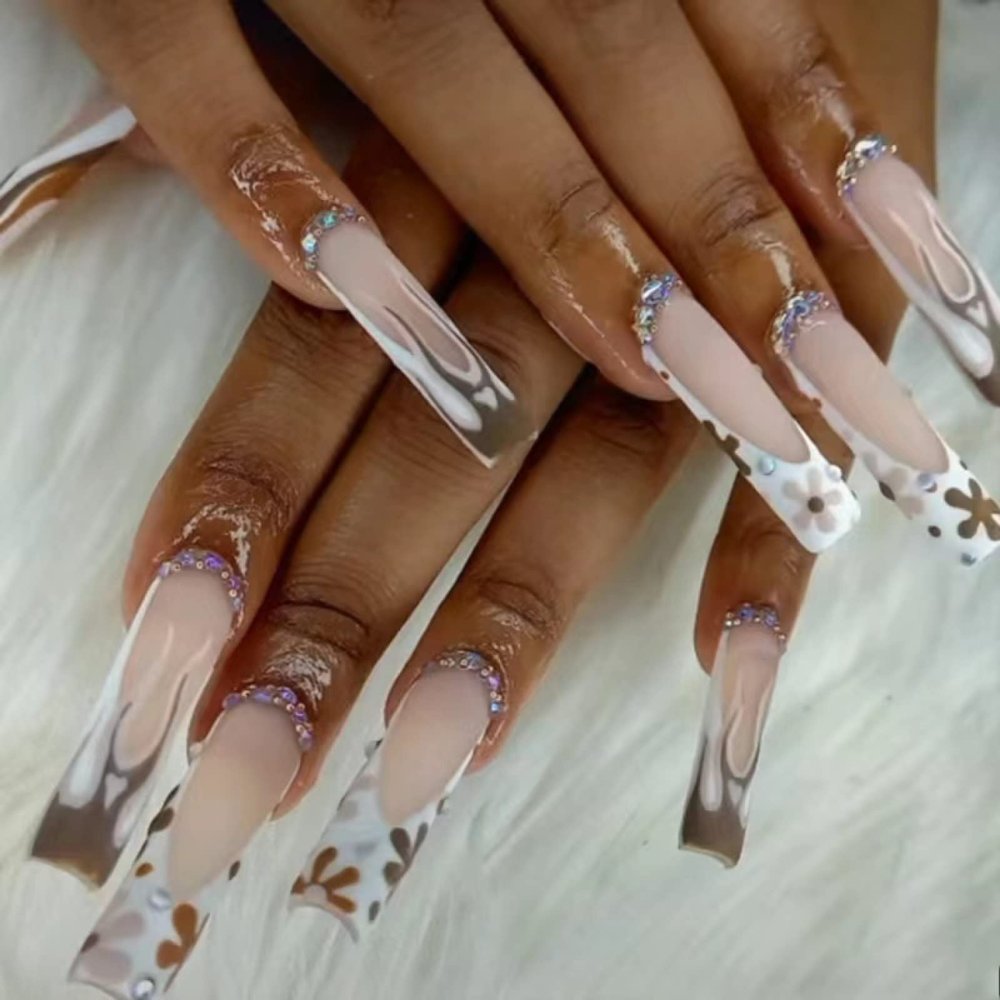 FRUJCDKI Long Fake Black Nails Coffin Nails Pressed Fire Flower Rhinestone Fake Acrylic Nails Tips For Women And Girls 24PCS