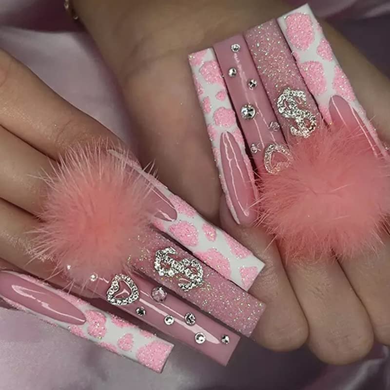 FRUJCDKI 24pcs French Pink Ballerina Dollar Flash Diamond Marshmallow Balls Crystal Long Glossy Coffin Flash Fake Nails Press on Nail False Tips Manicure for Women and Girls