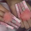 FRUJCDKI 24pcs French Pink Ballerina Dollar Flash Diamond Marshmallow Balls Crystal Long Glossy Coffin Flash Fake Nails Press on Nail False Tips Manicure for Women and Girls view 1