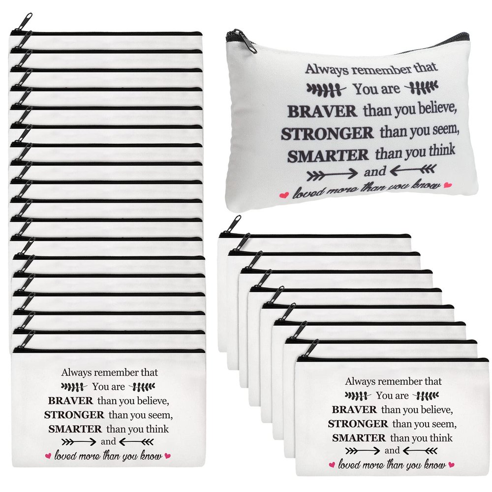 Amylove 26 Pcs Christmas Inspirational Gifts Cosmetic Bag Makeup Bags Bulk with Inspirational Quotes Makeup Pouches for Women Empowerment Gifts with Zipper Birthday Friendship(You Are Braver)