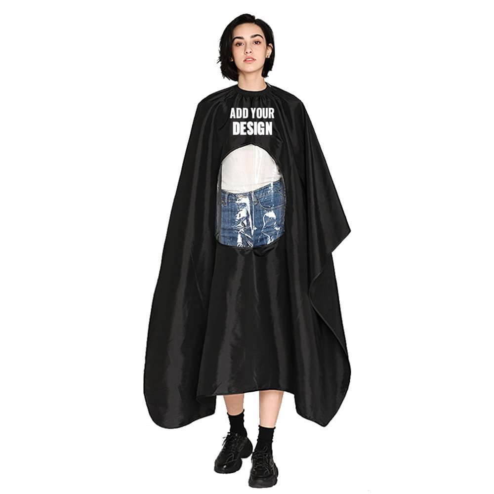 TopTie Custom Print Satin Salon Client Cape Hair Cutting Apron low water permeability Hairdressing Gown with Window-Black