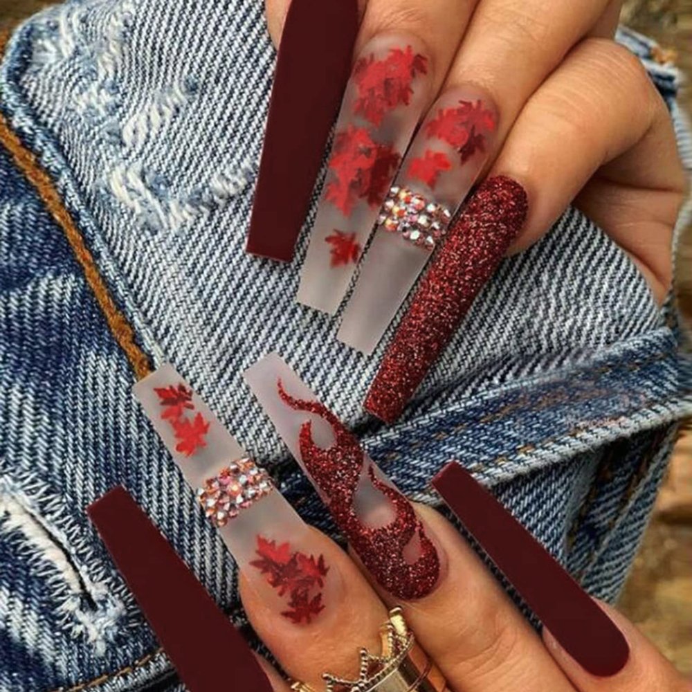 24 PCS Press on Nails Maple Pattern Fake Nails Long Fake Nails Shiny Flame Fake Nails Rhinestone False Nails Shiny Red Fake Nails Gifts for Women and Girls