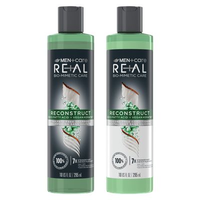 DOVE MEN + CARE Real Bio-Mimetic Care Shampoo & Conditioner Reconstruct 2 Count For Damaged Hair Sulfate Free Shampoo & Silicone-Free Conditioner with Coco Fatty Acid + Vegan Keratin 10 Oz