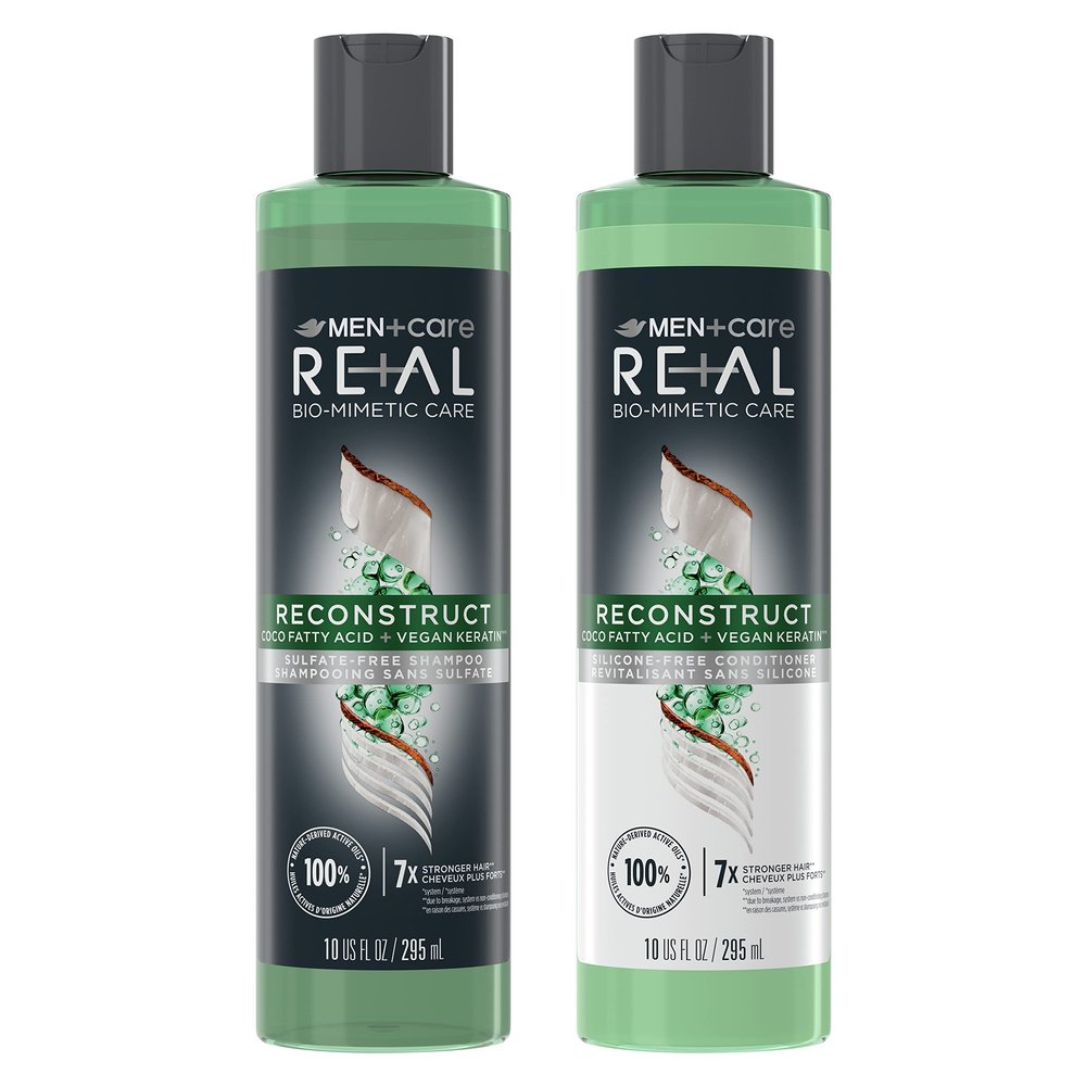 DOVE MEN + CARE Real Bio-Mimetic Care Shampoo & Conditioner Reconstruct 2 Count For Damaged Hair Sulfate Free Shampoo & Silicone-Free Conditioner with Coco Fatty Acid + Vegan Keratin 10 Oz