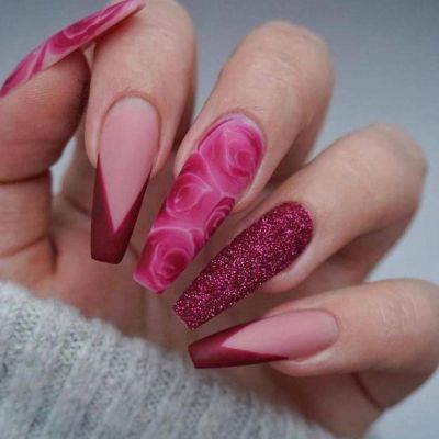24 PCS Press on Nails Rose Fake Nails Long Fake Nails Shiny Rose Fake Nails Red Edge Fake Nails Gifts for Women and Girls Wearable Fake Nails Acrylic Full Coverage Fake Nails