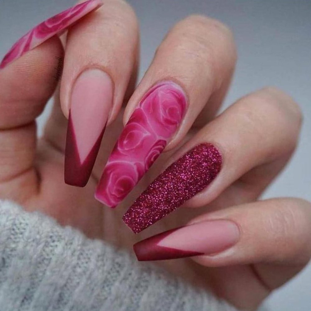 24 PCS Press on Nails Rose Fake Nails Long Fake Nails Shiny Rose Fake Nails Red Edge Fake Nails Gifts for Women and Girls Wearable Fake Nails Acrylic Full Coverage Fake Nails