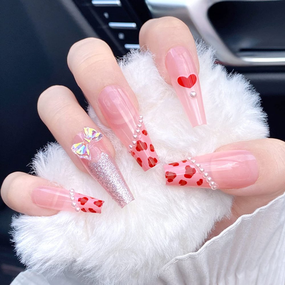 24 PCS Press on Nails Bow Fake Nails Long Fake Nails White Pearl Fake Nails Love Heart Pattern Fake Nails Shiny Silver Fake Nails Gifts for Women and Girls