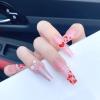 24 PCS Press on Nails Bow Fake Nails Long Fake Nails White Pearl Fake Nails Love Heart Pattern Fake Nails Shiny Silver Fake Nails Gifts for Women and Girls view 2