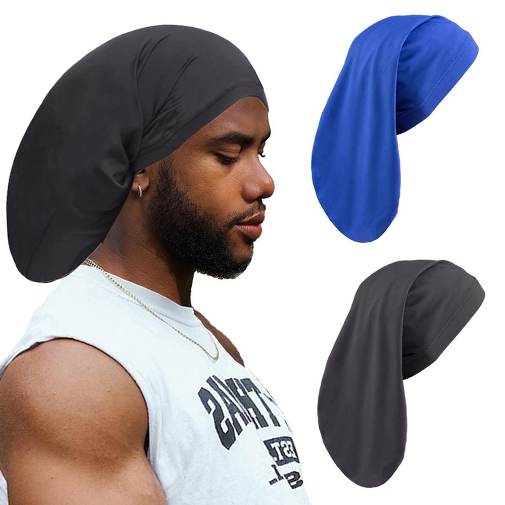 Leeven 2 PCS Unisex Bonnet Sleep Cap for Dreadlocks and Long Hair - Dreads Head Wrap Locs Caps for Men and Women - Black, Blue