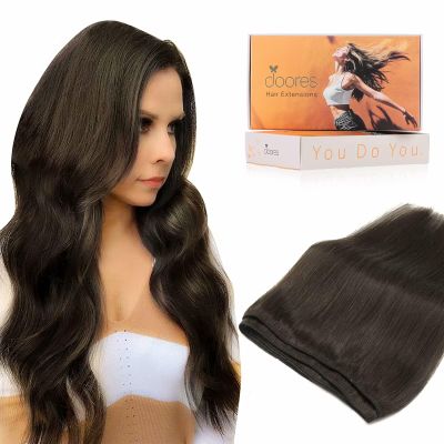 DOORES Sew in Hair Extensions, 18 Inch 100g Light Dark Brown, Human Hair Extensions Sew in Straight Hand Tied Weft for Women