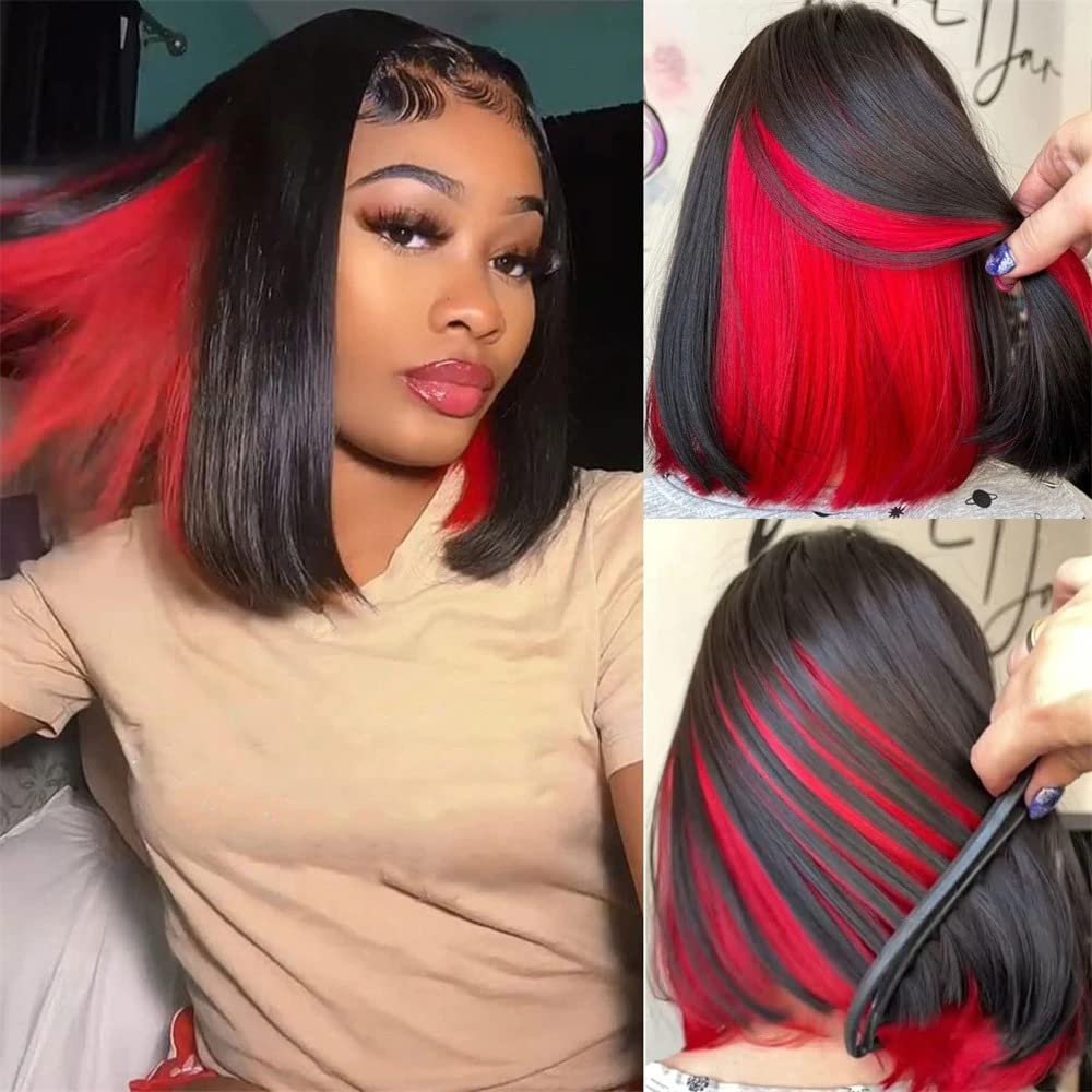 RIVPOIG Highlight Ombre Red with Natural Black Color Brazillian Human Hair Wigs 180% Density 13X4 Lace Front Wig for Black Women Transparent HD Lace (10inch, 13x4 Lace Front Wig)