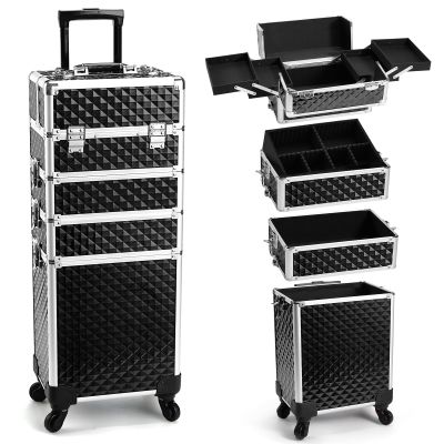 Yueieoun Rolling Makeup Train Case, 4-in-1 Cosmetology Case on Wheels, Nail Tech Cart for Travel, Professional Cosmetic Vanity Case, Suitcase for MUA/Manicure/Tattoo/Style, Lockable Storage Box, Black