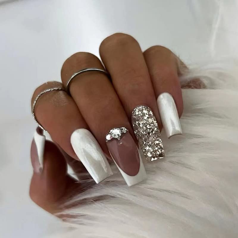 FRUJCDKI Wedding Nail Pearl White French Press on Nails Medium Short Square,rhinestone Fake Nails,Reusable Finger Nails Press on,Ready-to-Wear Jelly Nails Kit,24 Soft Natural Nails Set