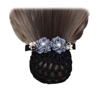 2 Pcs Hair bun Cover Net Elegant Pearl Flower Net Barrette Elastic Ballet Hair Clip Bun Cover for Women Dance Office Grey Blue