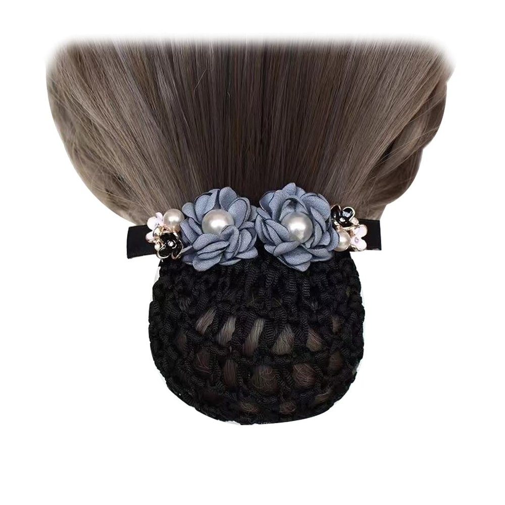 2 Pcs Hair bun Cover Net Elegant Pearl Flower Net Barrette Elastic Ballet Hair Clip Bun Cover for Women Dance Office Grey Blue