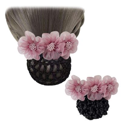 2 Pcs Net Barrette Pearl Flower Hair Nets Women Hair Clips Bun Headdress for Nurse Professional Women Decoration Pink Purple