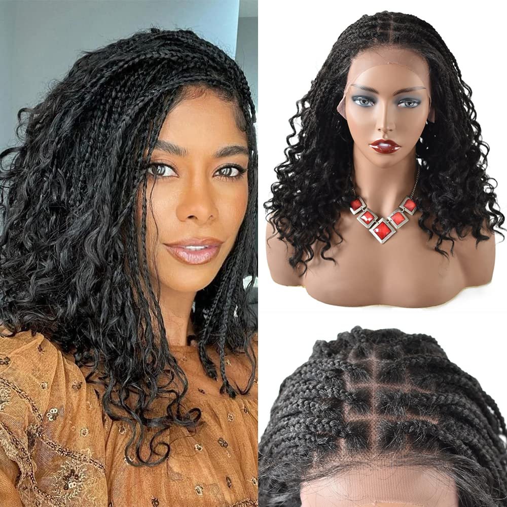 18 inch Box Braided Wigs 13X5 Lace Front Knotless Hand-Braided Wigs with Baby Hair for Black Women (18", 1B# Black)