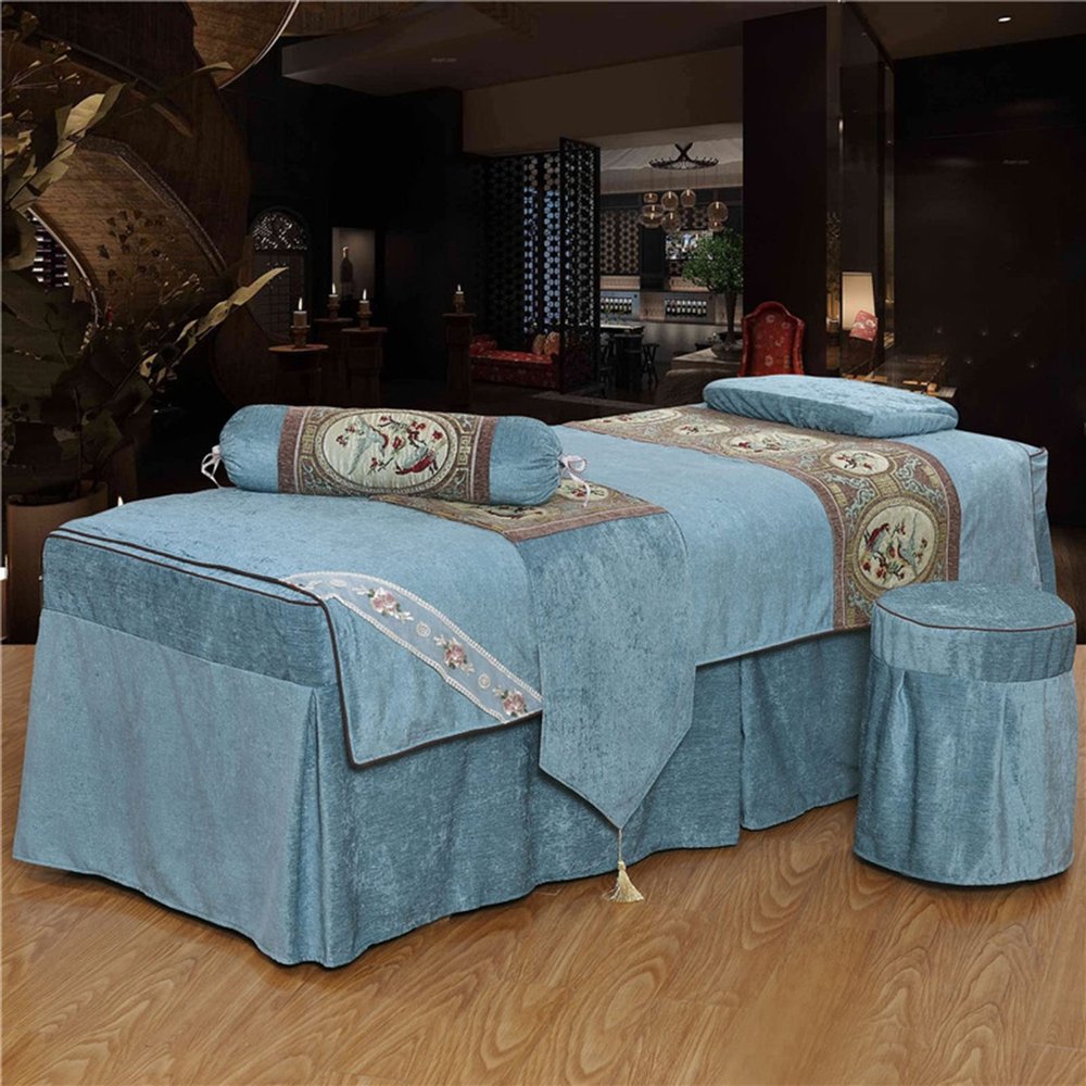 MIPOPS Premium Microfiber 4-Piece Massage Sheet Set, Massage Table Skirt Spa Bed Cover, Super Soft and Breathable Beauty Bedspread, Blanket Cover, Pillowcase, Chair Cover(F,190x80cm(75x31inch))