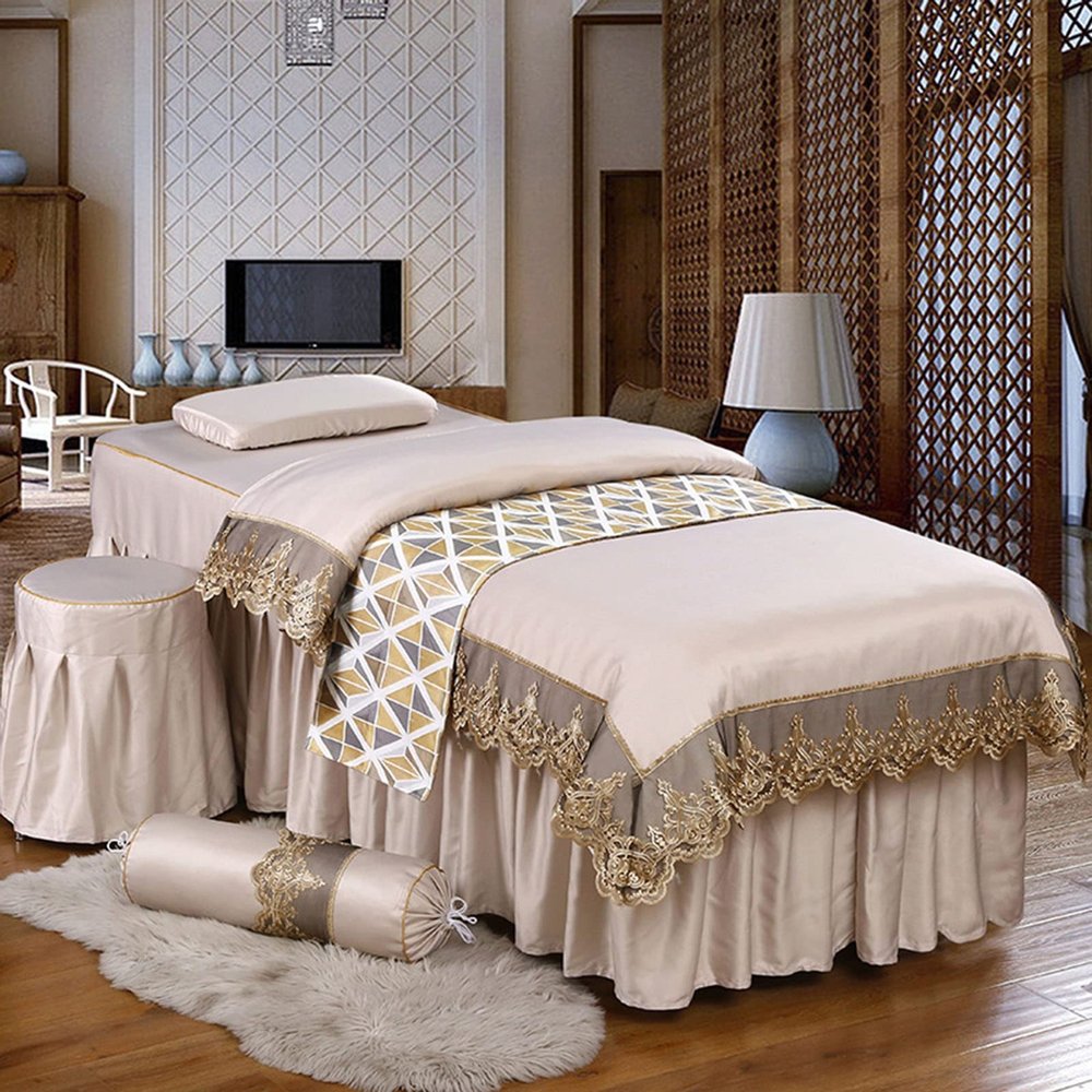 MIPOPS 4-Piece Microfiber Massage Table Sheet Set, Solid Color Premium Table Skirt Natural Massage Linen Salon Bed Cover Bedspreads(A,190x80cm(75x31inch))